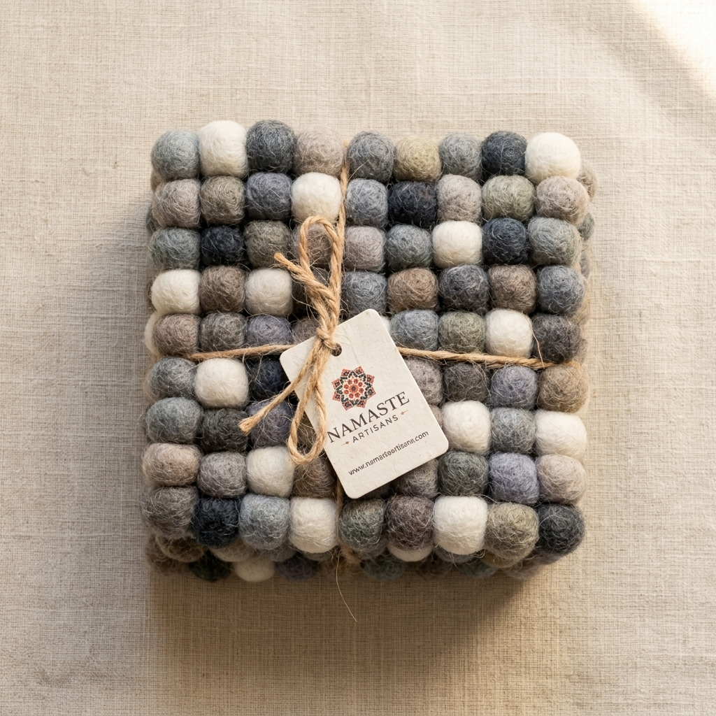 Namaste Artisans | Neutral Grey & Sage Handmade Wool Felt Ball Coasters - Set of 4