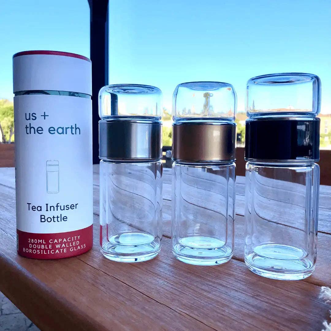Us + the Earth | Double Wall Glass Tea Infuser Drink Bottle - BLACK