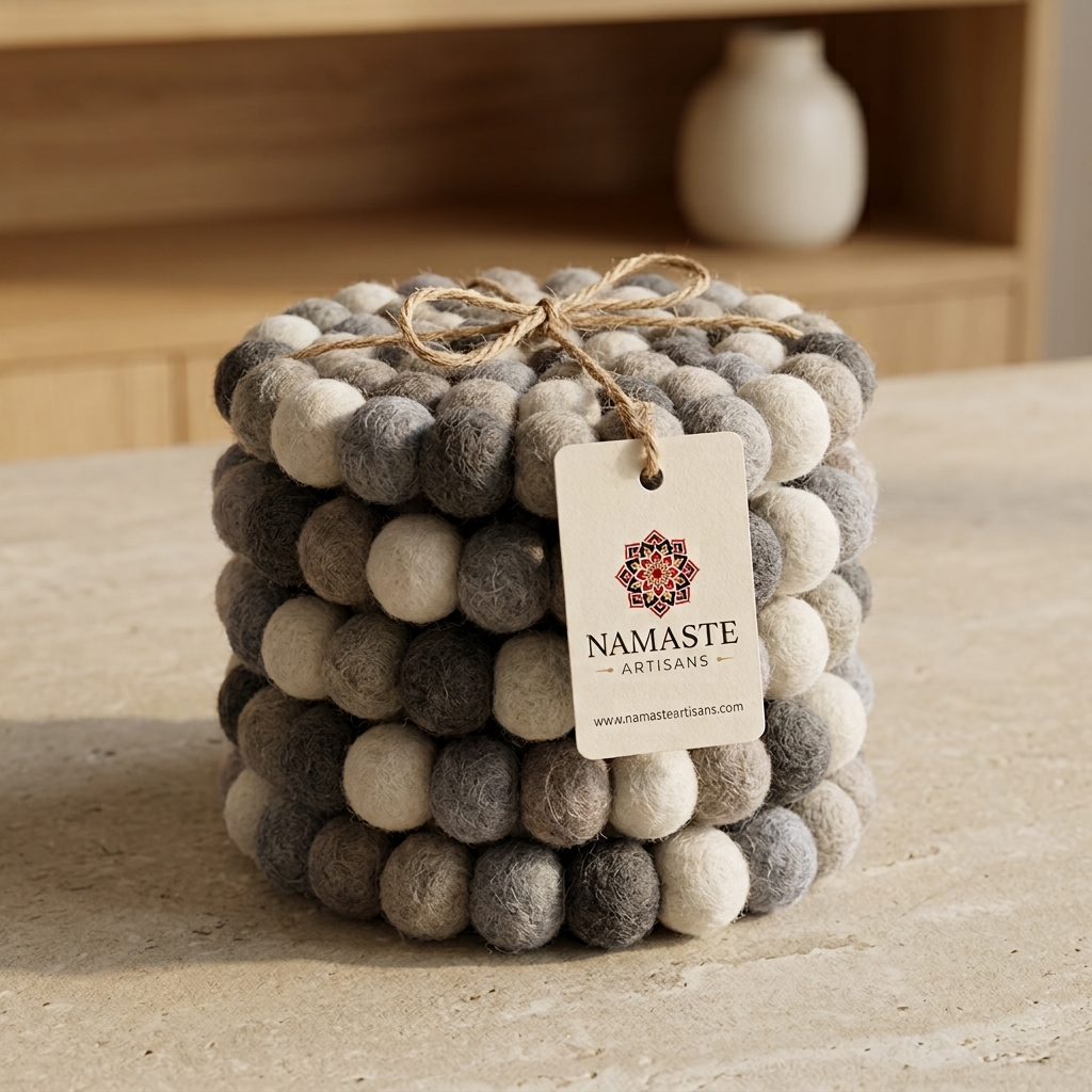 Namaste Artisans | Neutral Grey & Sage Handmade Wool Felt Ball Coasters - Set of 4