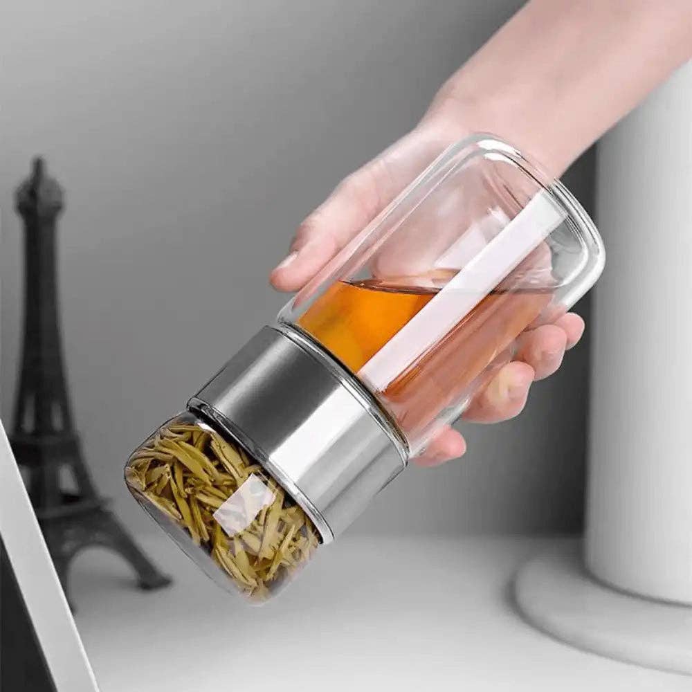 Us + the Earth | Double Wall Glass Tea Infuser Drink Bottle - BLACK