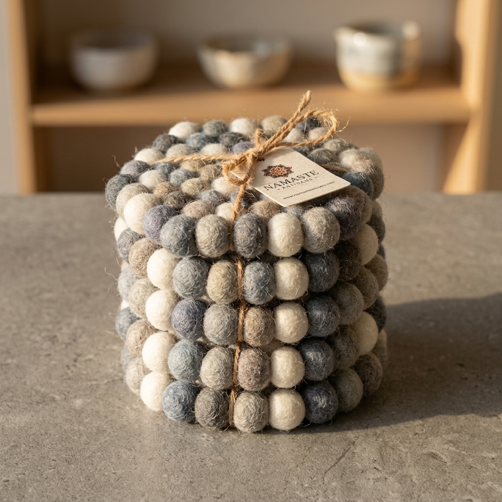 Namaste Artisans | Neutral Grey & Sage Handmade Wool Felt Ball Coasters - Set of 4