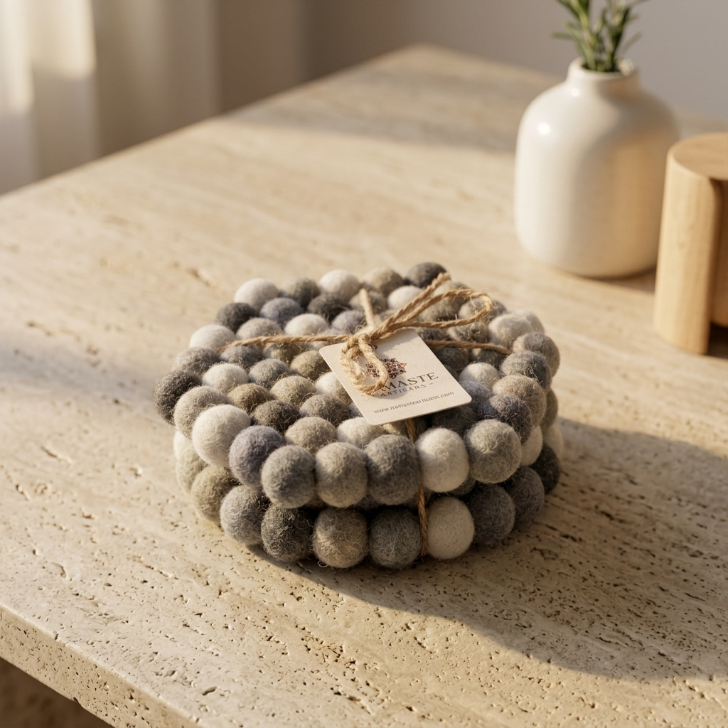 Namaste Artisans | Neutral Grey & Sage Handmade Wool Felt Ball Coasters - Set of 4