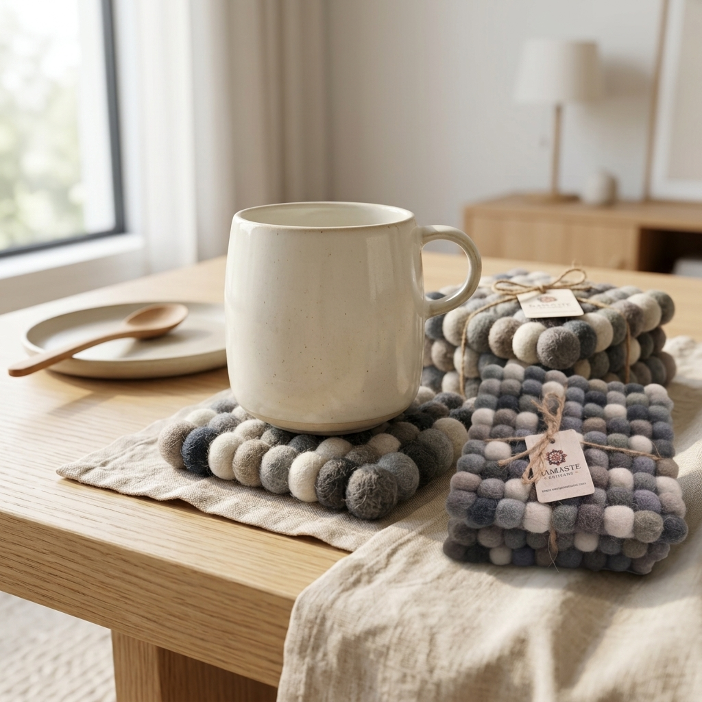 Namaste Artisans | Neutral Grey & Sage Handmade Wool Felt Ball Coasters - Set of 4