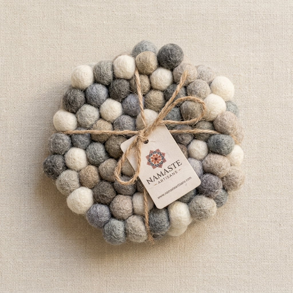 Namaste Artisans | Neutral Grey & Sage Handmade Wool Felt Ball Coasters - Set of 4