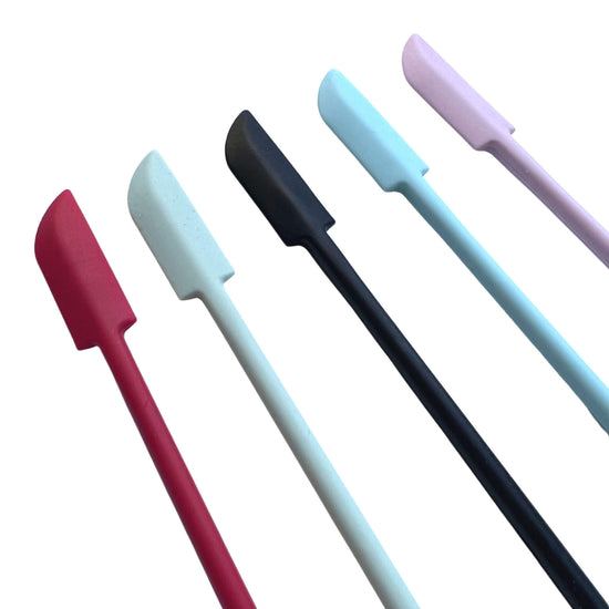 set of 3 jar spatula scrapers in sage, red, black, teal and pink close up