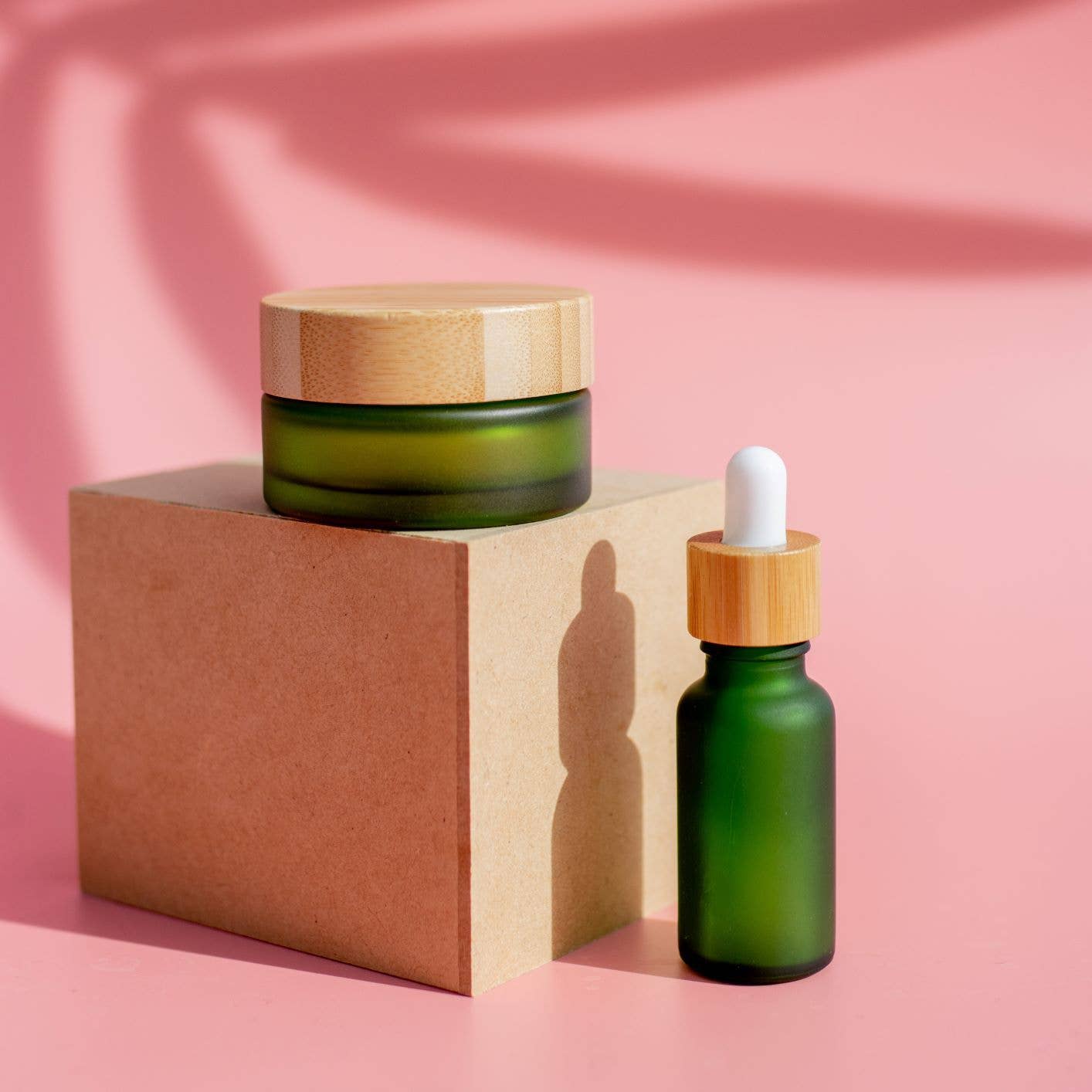 Frosted Green Glass Cosmetic Jar & Dropper - Bamboo Lids - Set of 2