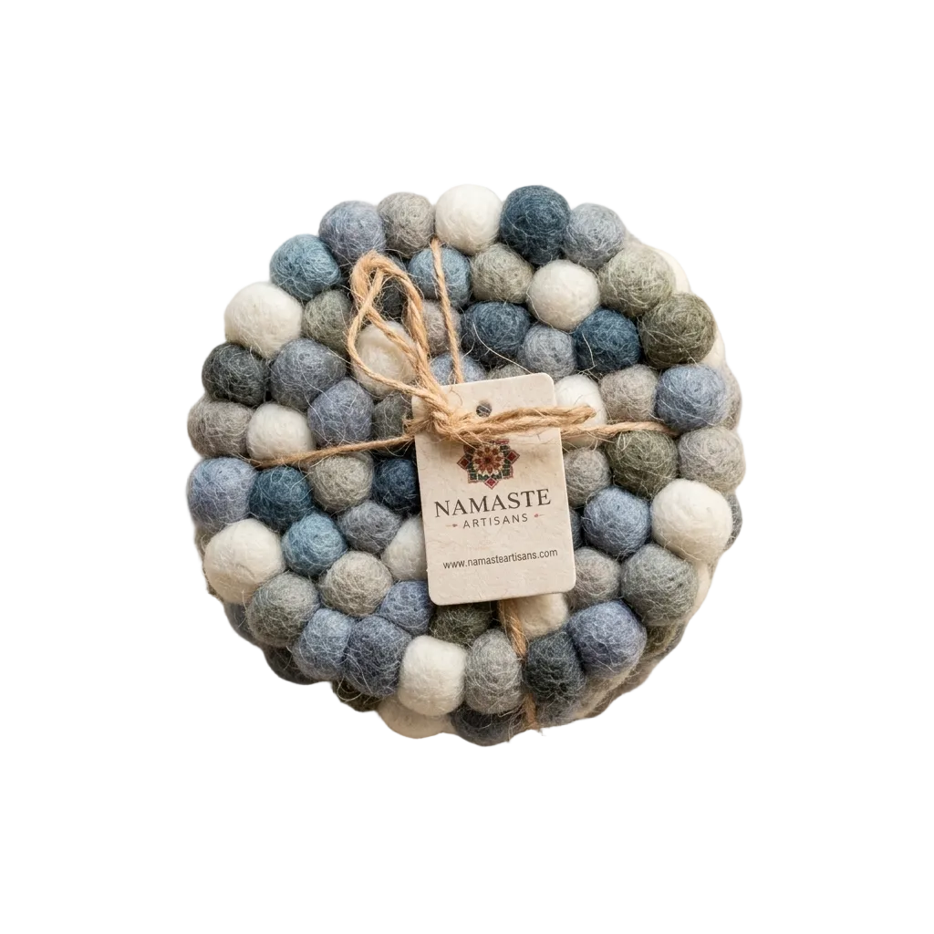 Namaste Artisans | Neutral Grey & Sage Handmade Wool Felt Ball Coasters - Set of 4