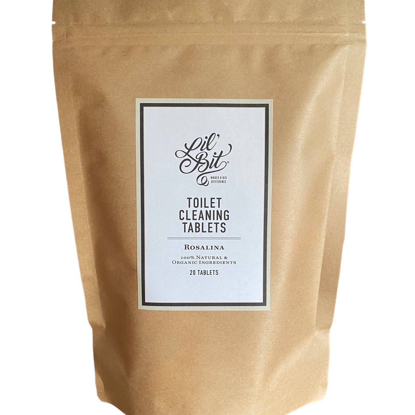 Kraft paper packaging of toilet cleaning tablets with a label on a white background