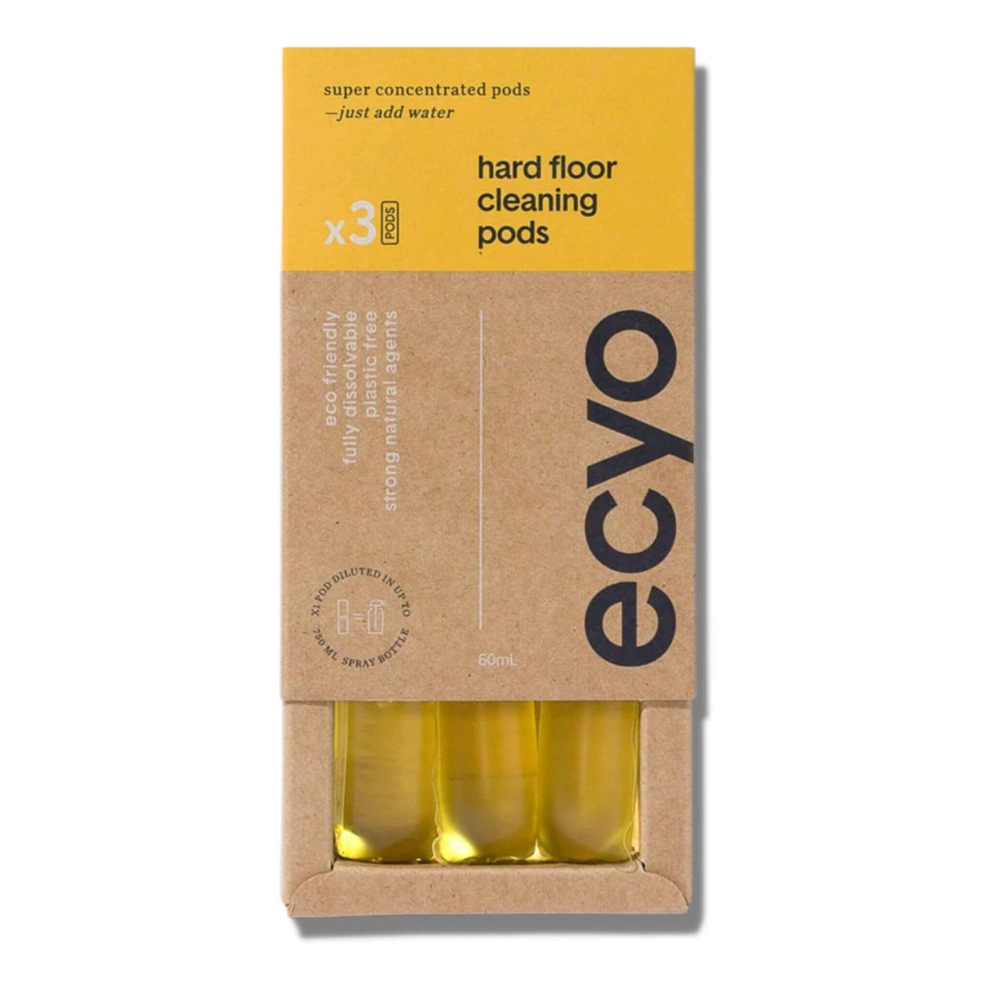ecyo disolving cleaning pods - hard floor cleaning pods open box with 3 pods