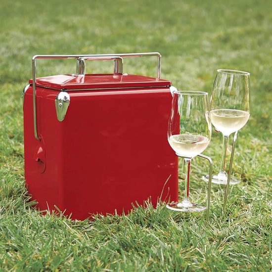steadysticks wine glass holders for picnics - garden with esky and 2 holders and wine glasses