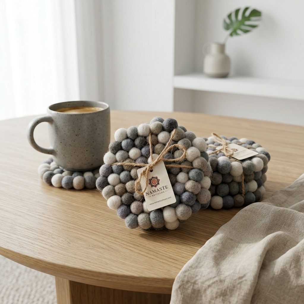 Namaste Artisans | Neutral Grey & Sage Handmade Wool Felt Ball Coasters - Set of 4