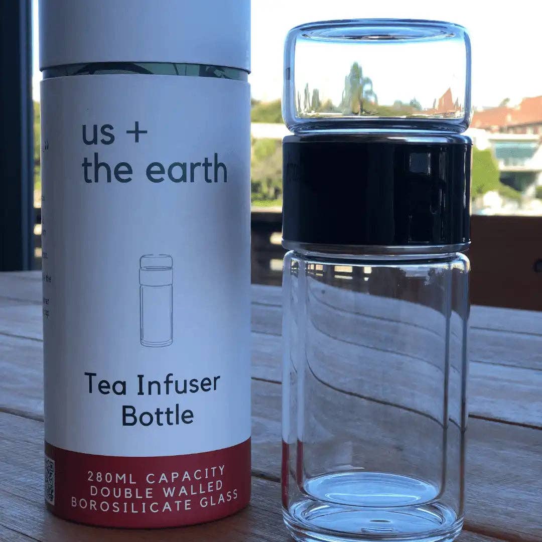 Us + the Earth | Double Wall Glass Tea Infuser Drink Bottle - BLACK
