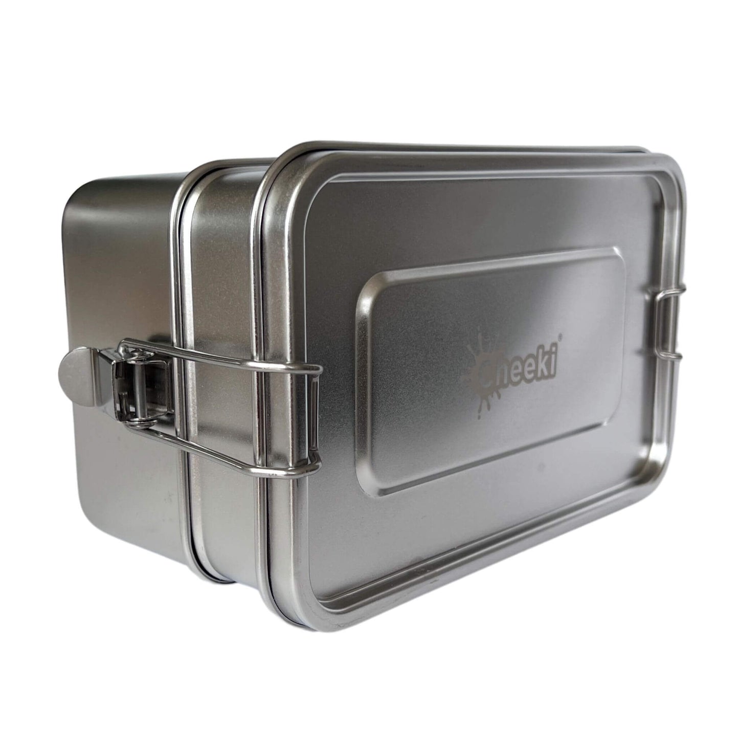cheeki double stack stainless steel lunchbox on its side