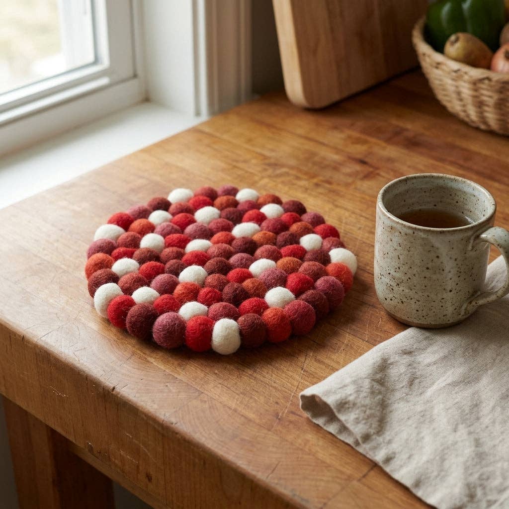 Namaste Artisans | Berry Red Handmade Wool Felt Trivet Heat Mat