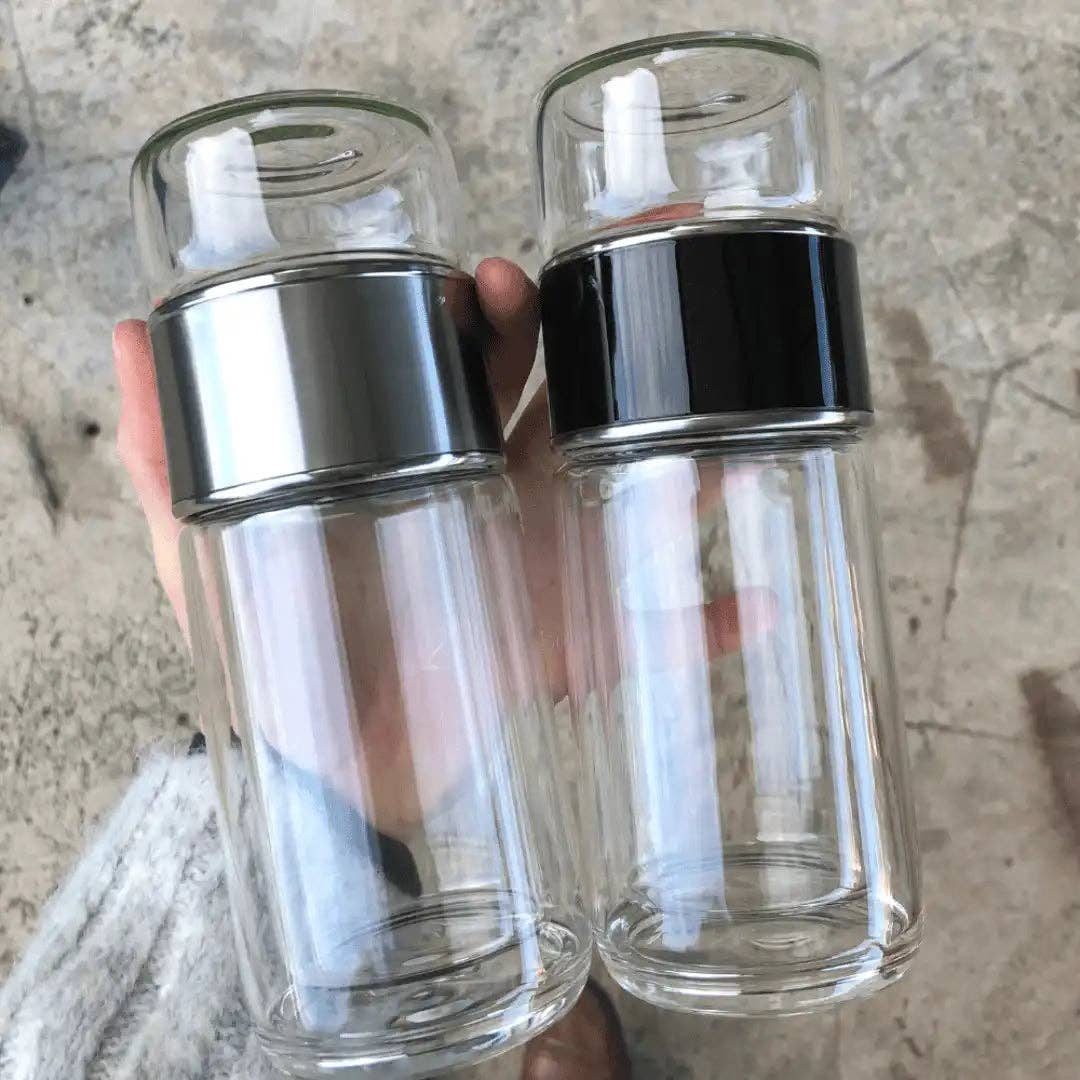 Us + the Earth | Double Wall Glass Tea Infuser Drink Bottle - BLACK