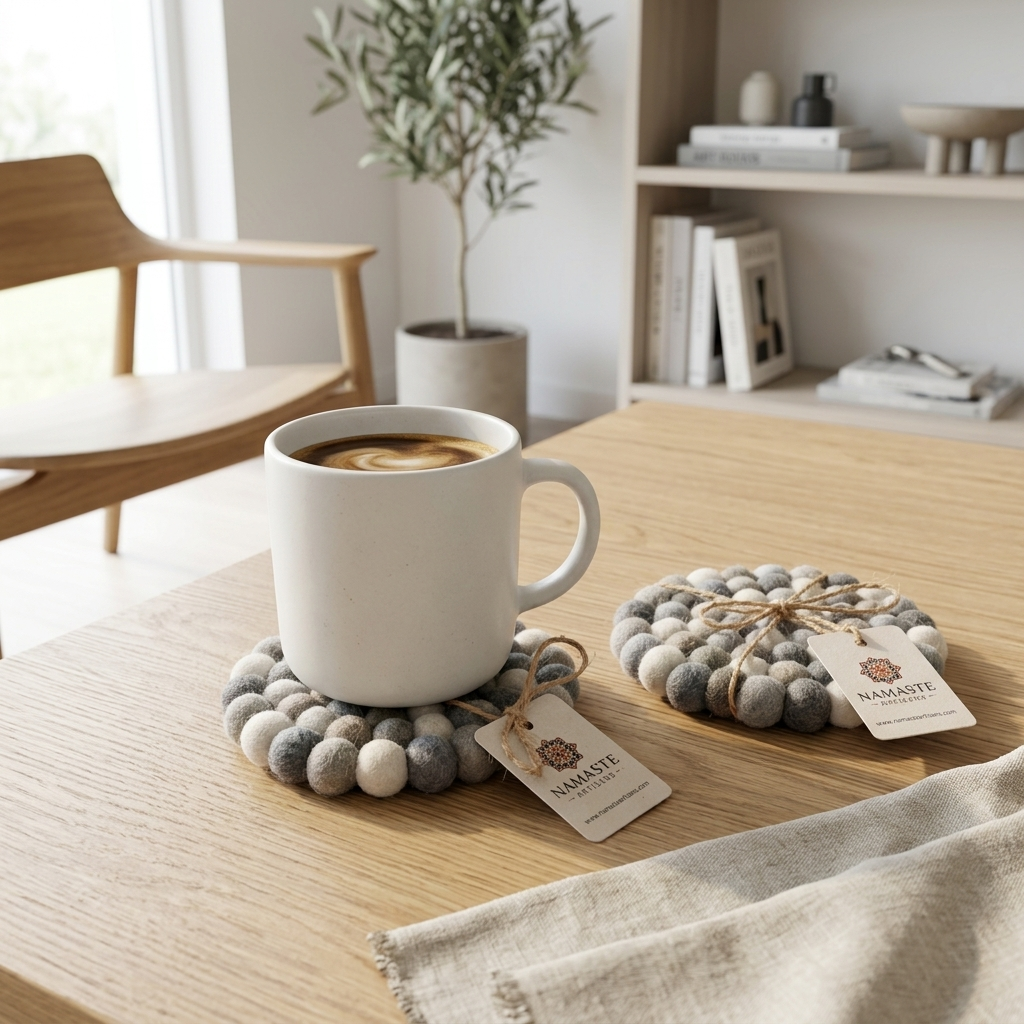 Namaste Artisans | Neutral Grey & Sage Handmade Wool Felt Ball Coasters - Set of 4