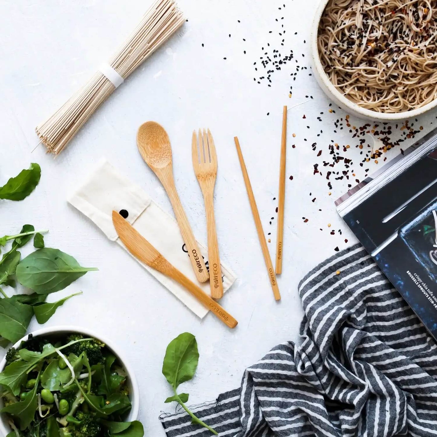 ever eco bamboo cutlery with pouch and noodles