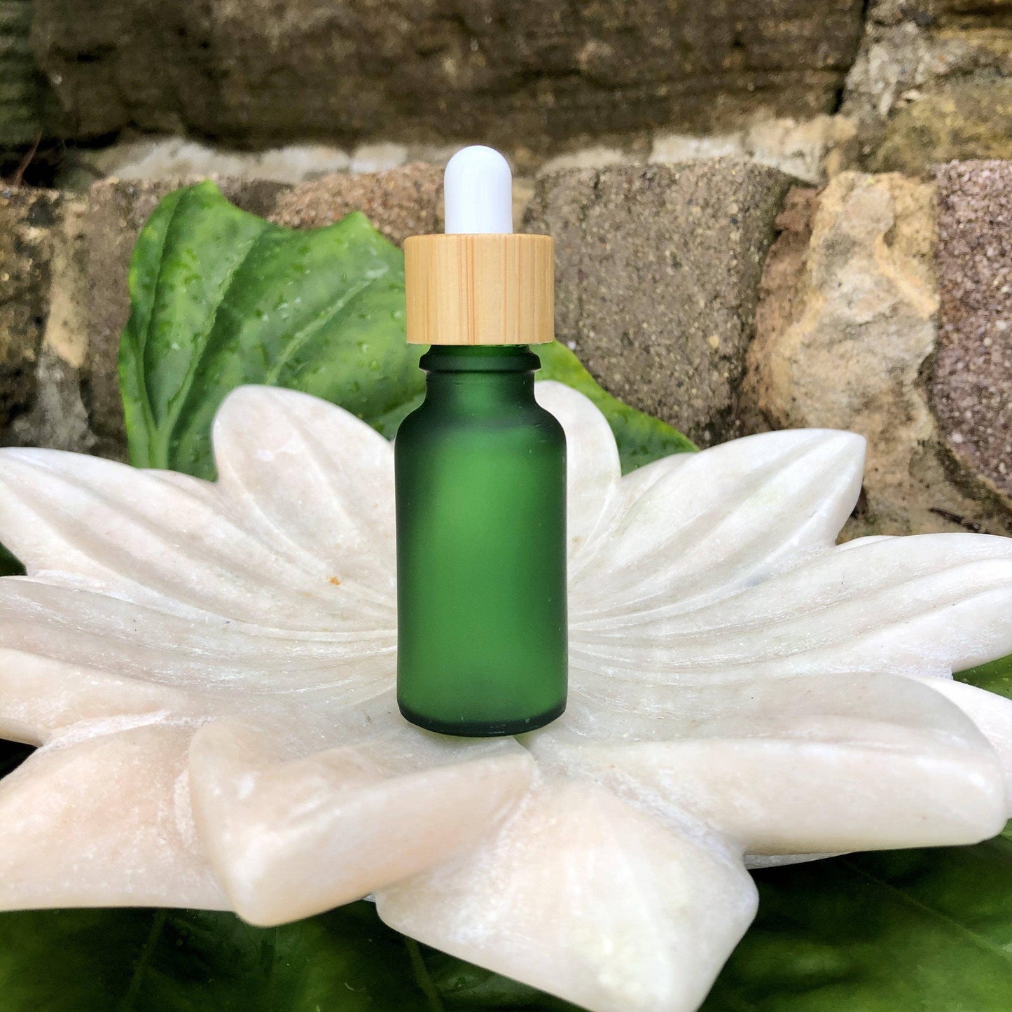 Frosted Green Glass Cosmetic Jar & Dropper - Bamboo Lids - Set of 2