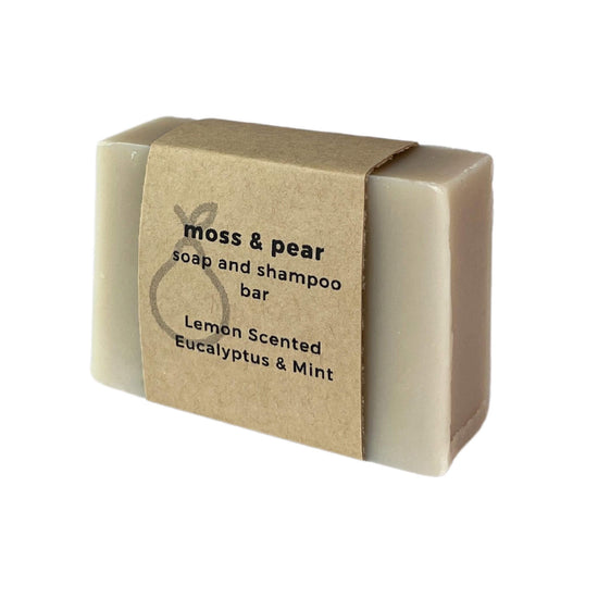 solid shampoo Bar lemon eucalyptus mint. Brazilian clay, coconut, shea butter, macadamia. Toxin-free. moss & pear