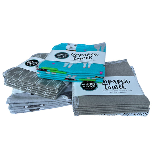Planet Revive unpaper towels reusable kitchen wipes, pack of 6. Grey flannel, llama flannel, fox flannel, black and white spots flannel, grey arrow flannel