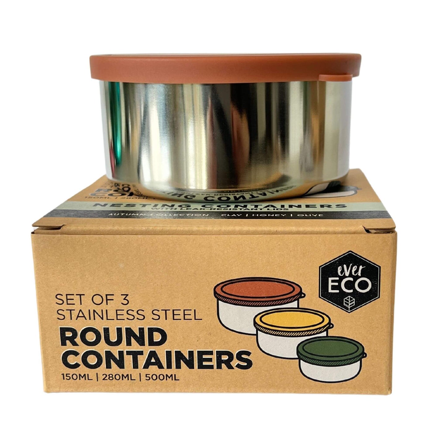 ever eco stainless steel nesting round containers set of 3 - clay, honey and olive in colour