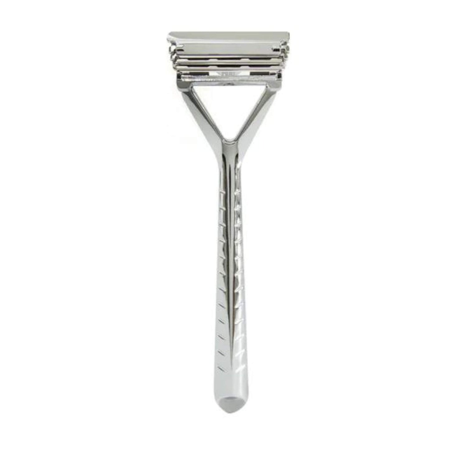 The Leaf pivoting head sustainable razor. chrome finish. Each razor comes with a 10 pack of blades 