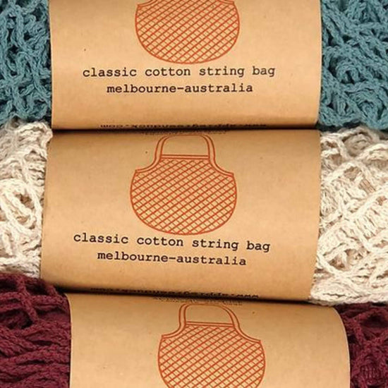 3 x apple green duck classic string reusable cotton shopping bags in colour ruby, natural and teal
