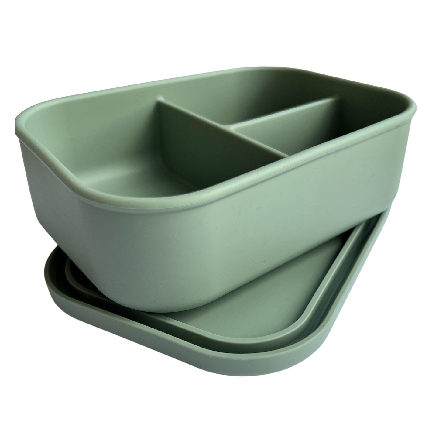reusable silicone bento lunch boxes made from bpa food grade silicone. sage green container with 3 compartments sitting on lid