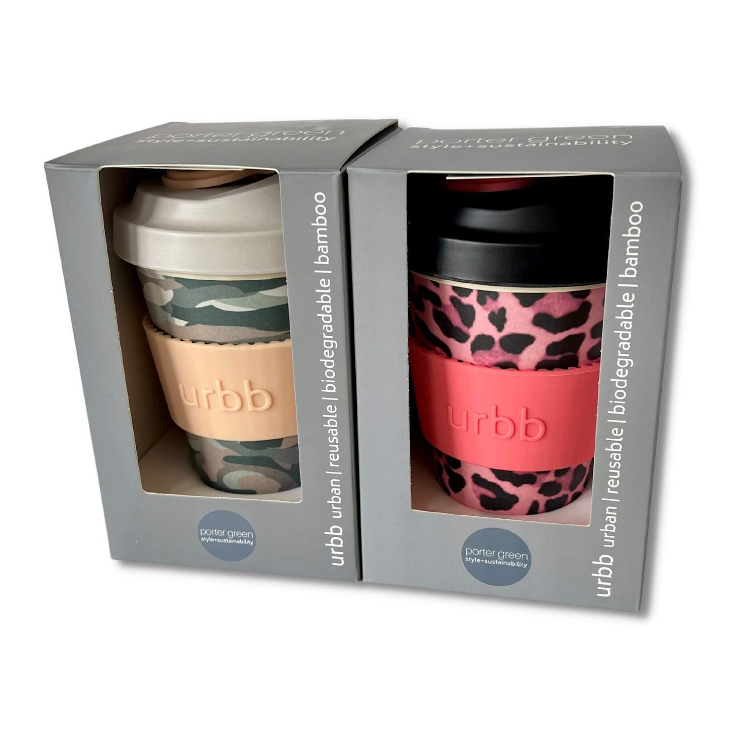 porter green urbb biodegradable coffee cup  - designs are pink leopard and camouflage