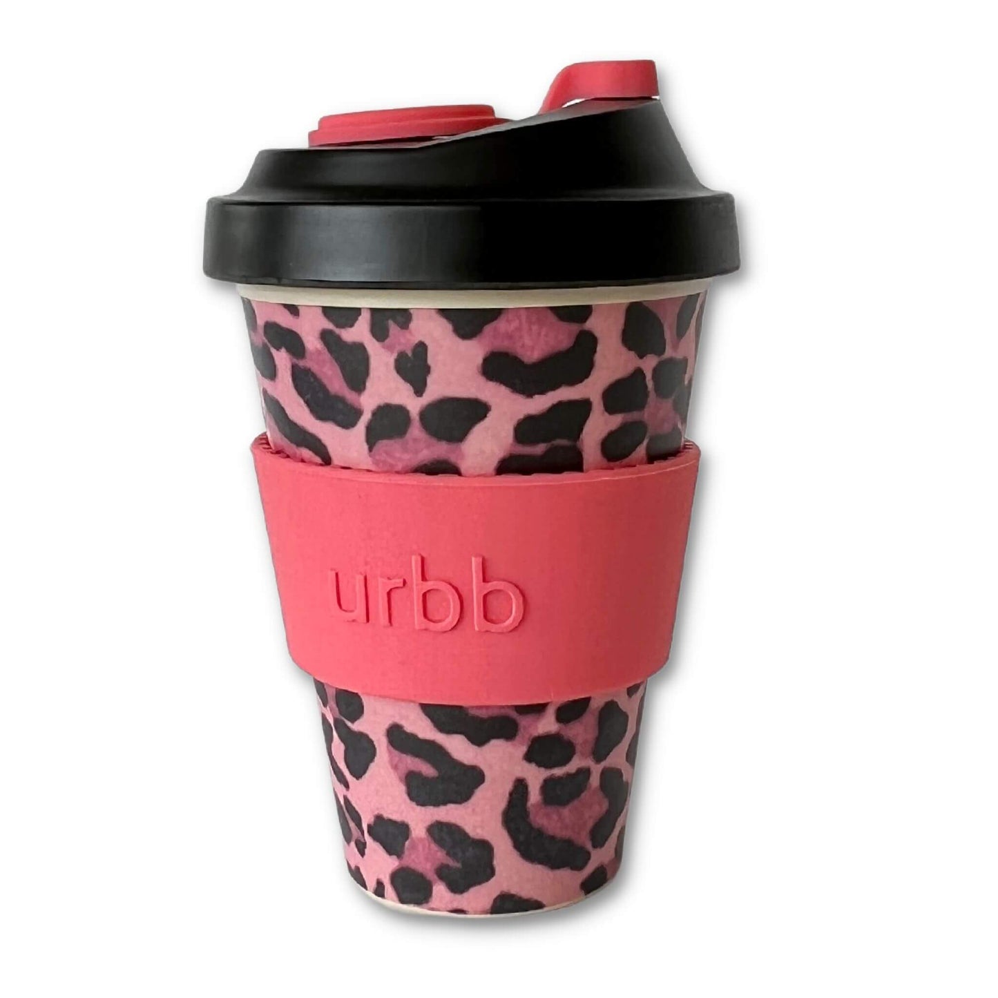 porter green urbb biodegradable coffee cup  - design is pink leopard