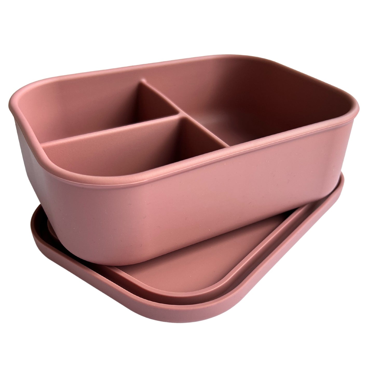 reusable silicone bento lunch boxes made from bpa food grade silicone. rose colour container with 3 compartments sitting on lid