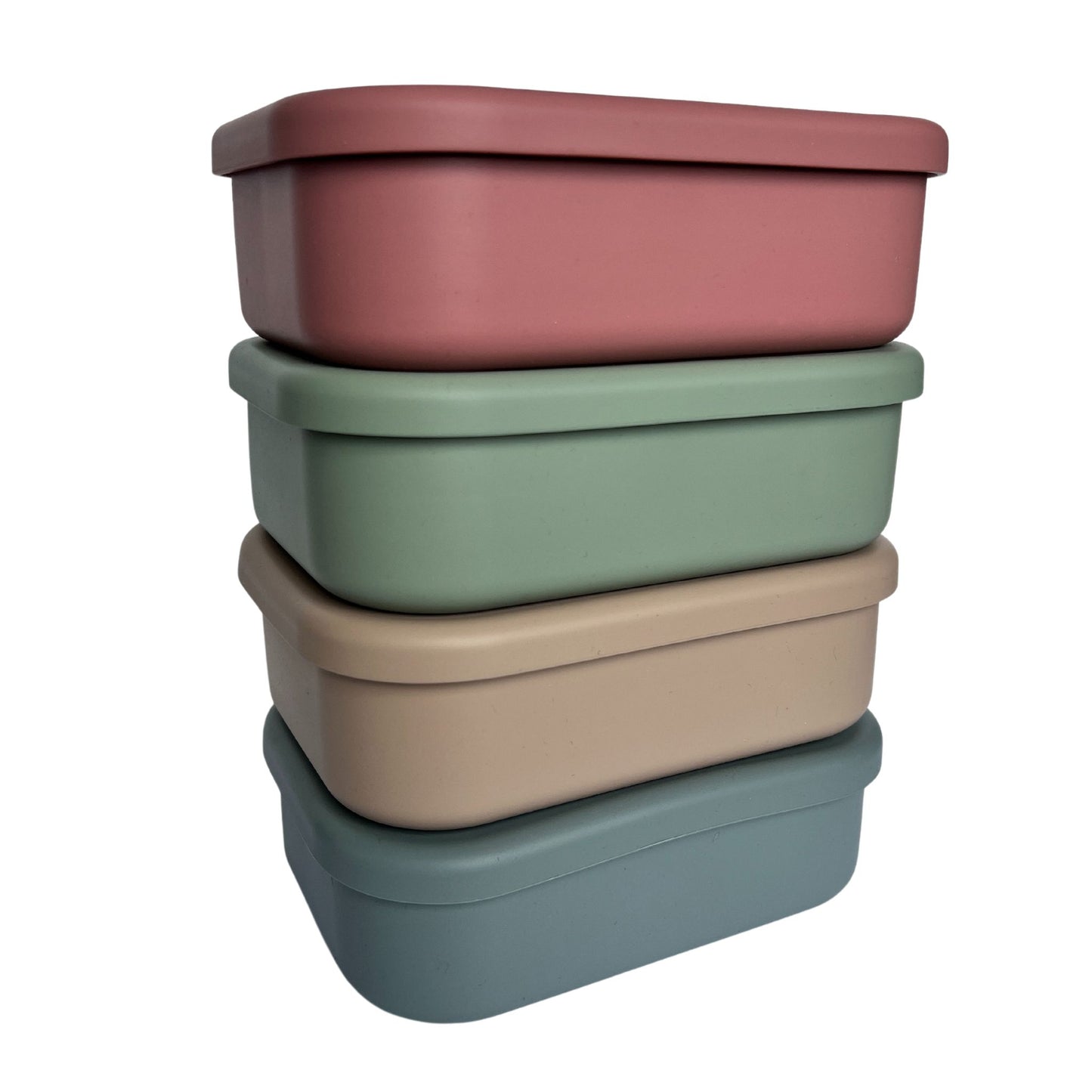 reusable silicone bento lunch boxes made from bpa food grade silicone. 4 colours stacked up 