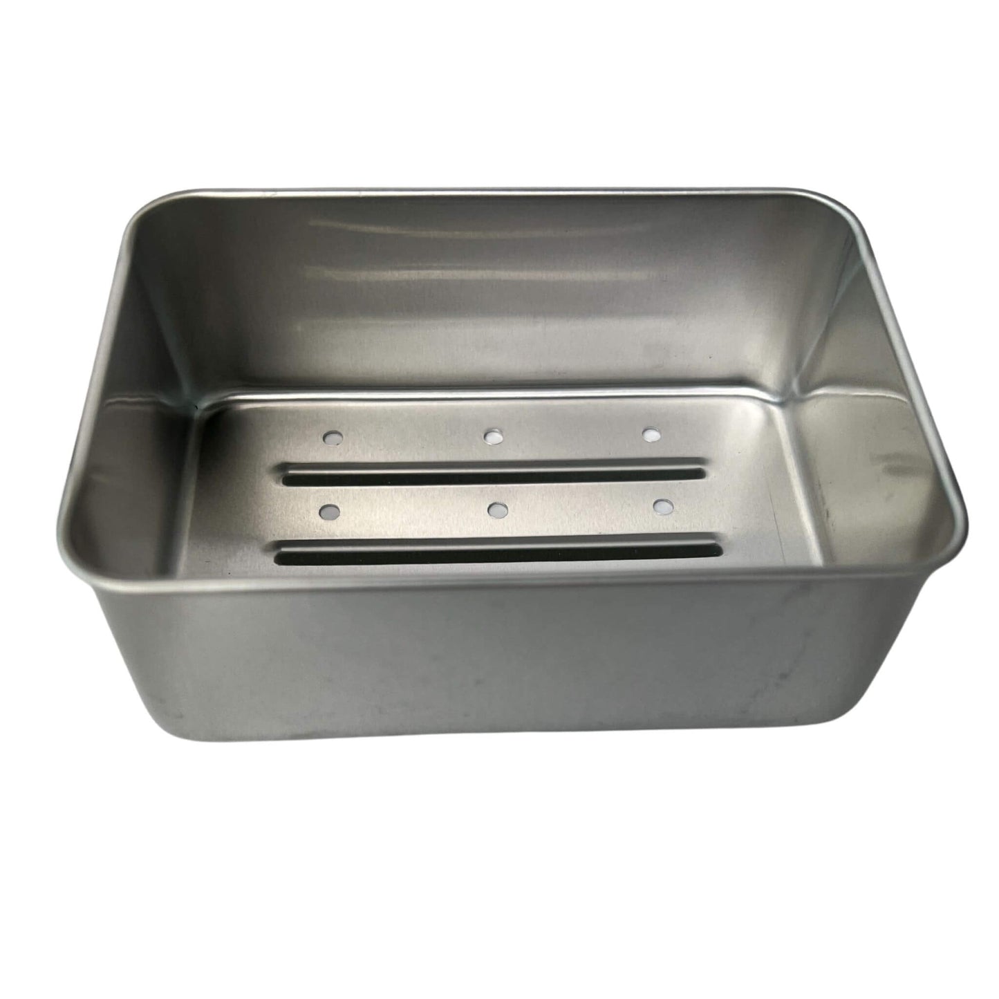 moss & pear aluminium travel soap tin with detachable draining tray. Brushed silver 